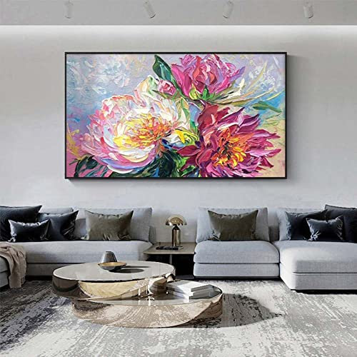 Acrylbilder Auf Leinwand Handgemalt, Moderne Abstrakte, Farbenfrohe Textur, Blühende Pfingstrose, Blumenpflanze, Kunstwerk, Rahmenlose Hand-Ölgemälde Auf Leinwand, Wandkunst Für Wohnzimmer, Sch