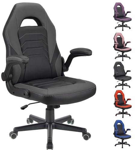 WangPangzi Ergonomic Gaming Office Chair with Flip-Up Arms,Faux Leather & Silent Castors for Home Office, Study or Gaming Room(Grey)