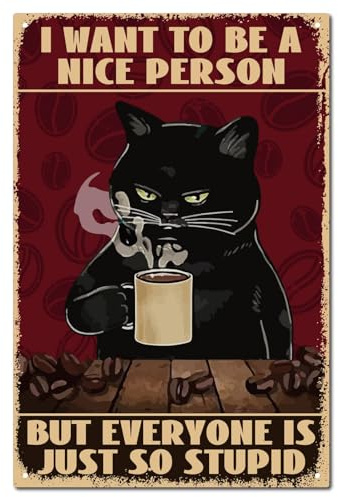 CREATCABIN Katzen-Blechschild,Vintage-Metallschild,Poster,Retro-Gemälde,Plakette,Eisenschild,Wand,Lustige Dekoration,Kunst,Aquarell,Schwarze Katze,Kaffee,Wandbild,Hängeschild Für Bar,Club,30x20cm