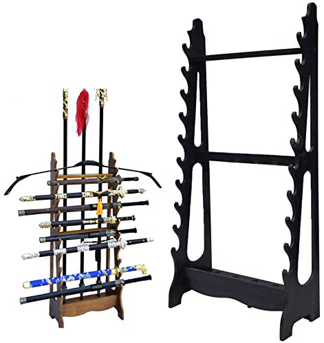 10/12-Lagiger Mehrschichtiger Boden-Schwertständer, Vertikaler Schwert-Katana-Halter-Ausstellungsständer – Klassischer Holz-Schwerthalterungs-Waffenständer, Angelrute, Lichtrohrständer (Schwarz, 5 Lö