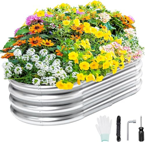 HUMARIEY Galvanized Raised Garden Bed Outdoor, 4x2x1ft Large Planter Raised Bed Kit with Safety Edging and Gloves, Stainless Metal Raised Planter Box for Gardening Vegetables Herb Fruits Flowers