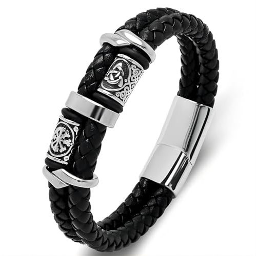MYZTTZR Double black,165mm, Wikinger Rostfreie Stähle Leder Armband Herren, Zweifarbiger Geflochtener Schmuck mit Magnet Verschluss Armbänder für Frauen