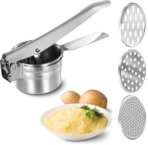 Prensa de espagueti, prensa manual de patatas, trituradora de patatas profesional de acero inoxidable con 3 discos intercambiables, prensa de patatas de acero inoxidable para puré de patatas, comida