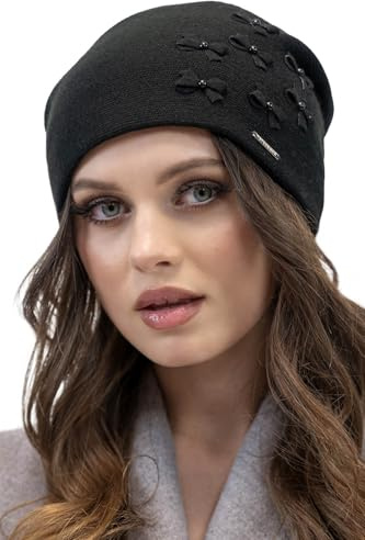 VIVISENCE Winter Mütze Für Damen Beanie Perfekter Passform Durch Falten Hergestellt Aus Warmem Garn Innenfutter Verziert Mit Schleifen Und Perlen Ideal Für Kalte Wintertage Modell 7089