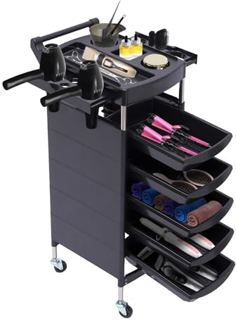 Susoso Salon Trolley, bärbar rullvagn med förvaringsfack och universal hjul tatuering surfvagn hem frisörvagn med 5 lådor svart