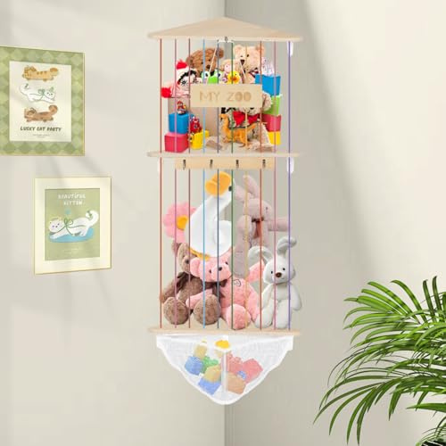 Contenitore per animali di peluche, rete per giocattoli con corda elastica in legno , lunghezza regolabile, contenitore per peluche ad angolo per camera da letto, cameretta dei bambini, sala giochi