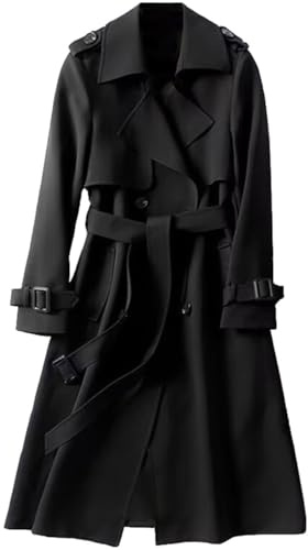 FM2018XSL Women’s Long Trench Coat Casual Slim Windbreaker Jacket Windproof Double Breasted Lapel Overcoat with Belt, XS,black