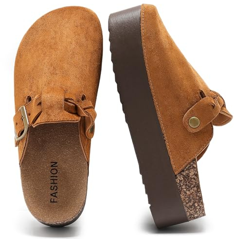 Suede Clogs for Women, Closed Toe Sandals Slides, Soft Cork Footbed Comfort Mules with Adjustable Buckle,Leather Potato Shoes with Arch Support Brown