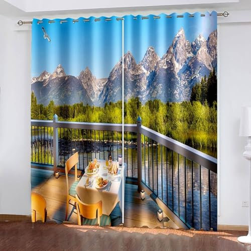 Mesnt Scheibengardinen Landhausstil, 244x214cm Blau Grün Balkon und Seelandschaft Vorhang für Schlafzimmer und Wohnzimmer