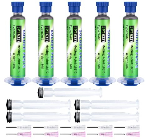 Sn63/Pb37 Tin Solder Paste, 183℃ Melting Point, 20-38µm Tin Paste For Electronic, 5Pack Soldering Flux for PCB, IC, BGA, SMD Repair