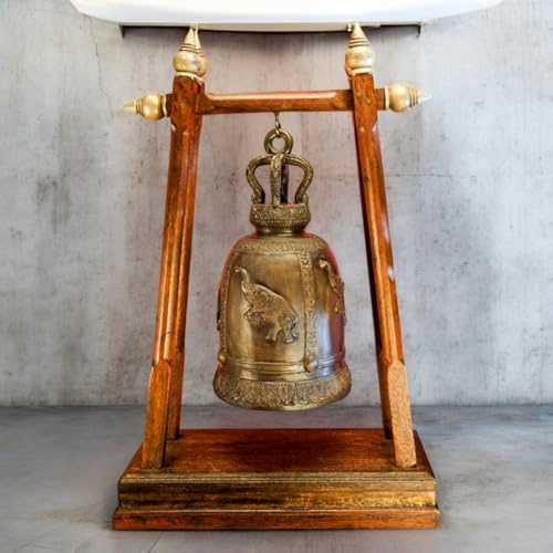 Campana para templo con trípode de madera XXL, campana de bronce en estructura de teca maciza, campana asiática para jardín, meditación o decoración, hecha a mano, única con sonido profundo