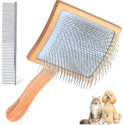 YOPETAYU Slicker Bürste für Hunde & Katzen mit Holzgriff – extra lange Borsten für langes Fell – entfernt Unterwolle & Knoten – mit Fellkamm – für Golden Retriever & Australian Shepherd – Oak