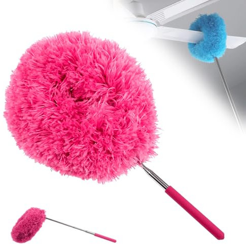 Plumeau Telescopique, 2025 Nouveau Microfibre Plumeau Poussière Lavable Balai Toile d'Araignée pour Ventilateur, Plafonds, Meubles, Stores, Voitures, Nettoyage Ménager (Rose)