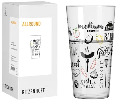 RITZENHOFF 8241001 Universalglas 600 ml - Serie Grill & Cook, Nr. 1, Wasserglas mit Motiv BBQ, schwarz - Made in Germany