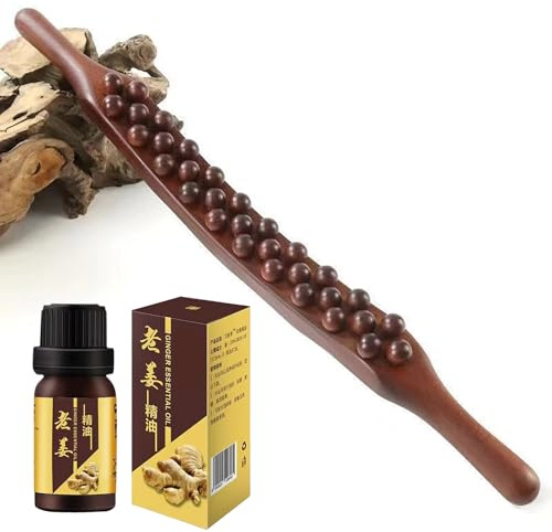 Gua Sha Therapy Stick+Massageöl, Full Body Wood Scraping Stick, Massage Sticks, Massage Roller, 37 Beads for Back, Stomach, Shoulder (A)