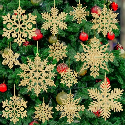 BOUBONI 48 Stück Schneeflocken Weihnachten Deko Weihnachtsdeko für Weihnachtsbaum Glitzer Weihnachtsbaumschmuck(Gold)