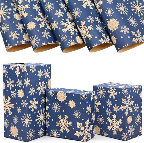 Christmas Wrapping Paper 5Pcs, 50 * 70cm Blue Kraft Wrapping Paper for Xmas Party Gift Wrap-Snowflake Design