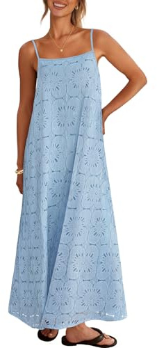MEROKEETY Women's Summer Spaghetti Straps Sundress 2026 Casual Sleeveless Floral Lace Eyelet Boho Beach Maxi Dress, Blue, X-Large