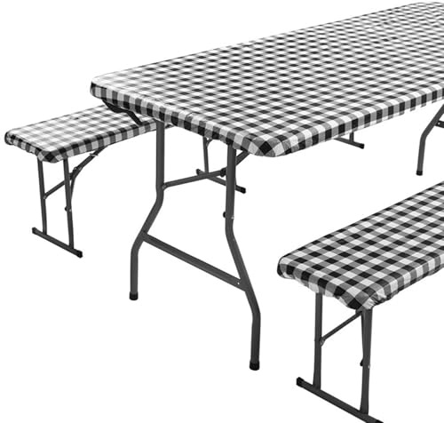 Funda para mesa de picnic con fundas para banco, impermeable, elástica, a cuadros, mantel para acampar, mantel rectangular ajustado para acampar al aire libre, blanco y negro VIDA AL AIRE LIBRE.