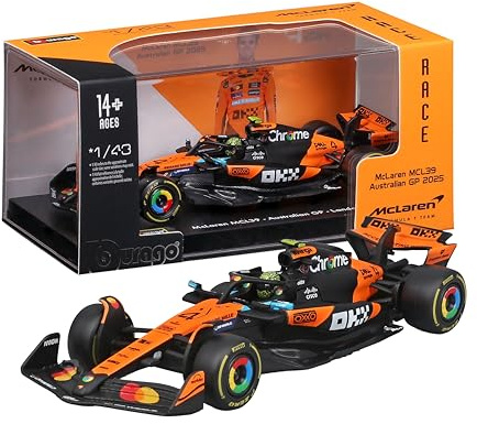 Bburago – McLaren F1 MCL39 2025#4 Norris, Diecast-Modellauto 1:43 mit Vitrine und Sockel, detaillierte F1-McLaren-Replik, offiziell lizenziert, empfohlenes Alter 14+ Jahre