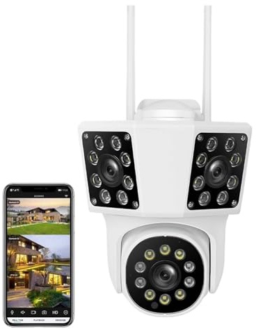 BINGNU Telecamere di sicurezza, Telecamera IP esterna da 8 MP FHD con tre obiettivi, telecamera WiFi, triplo schermo, monitoraggio automatico, di sorveglianza PTZ per la casa(8MP ADD 32G)