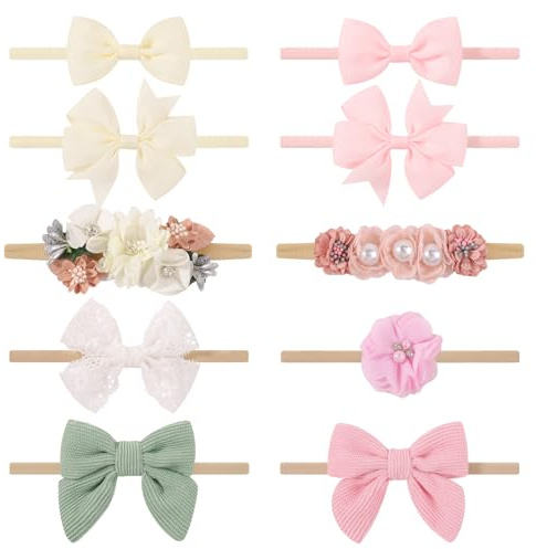 Dooboi Lot de 10 bandeaux élastiques fins en nylon pour bébé fille avec nœuds et fleurs pour nouveau-né, tout-petit, enfant