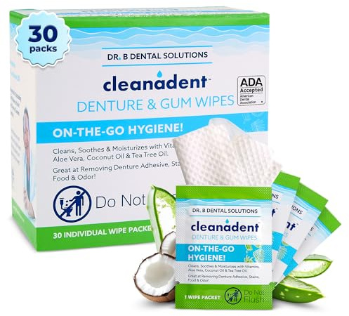 Dr. B Dental Solutions Cleanadent Wipes - Convenient Denture Cleaning Wipes, Refreshes Gums, No Artificial Colors/Flavors - 30 Count