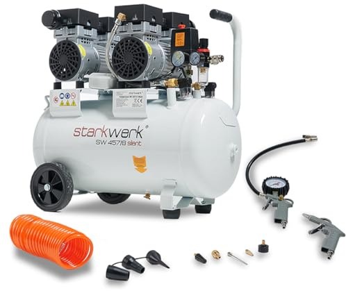 Starkwerk SW 457/8 Flüster Kompressor Silent Kompressor 1,5kW Leistung !69 dB! 8Bar ölfrei Druckluft Kompressor leise Compressor Reifenfüller Ausblaspistole 5 m Spiralschlauch 8 teiliges Adapterset