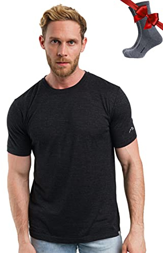 Merino.tech Merino Wool T Shirt Mens - Merino Wool Base Layer Men Undershirt Lightweight + Hiking Socks (Charcoal Grey, Large)