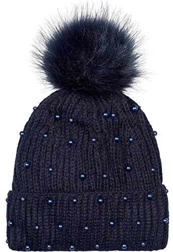 styleBREAKER Damen Strick Bommelmütze mit Perlen und Fleece Futter, warme Winter Fellbommel Mütze, Fake Fur 04024155, Farbe:Dunkelblau