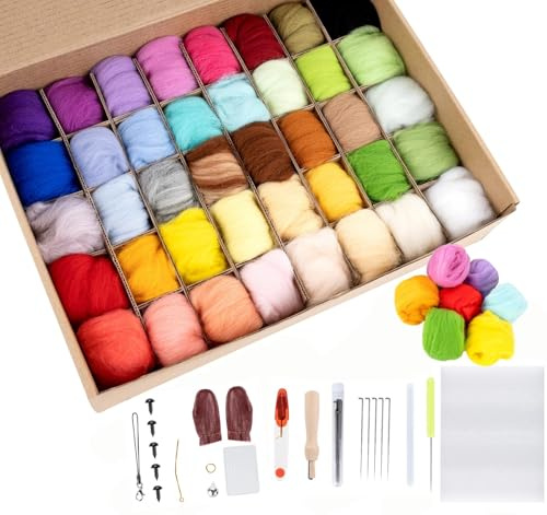Homewit Set di lana per feltro, 40 colori da 5 grammi ciascuno, set per infeltrimento a secco, per principianti, con set di attrezzi per infeltrimento ad ago