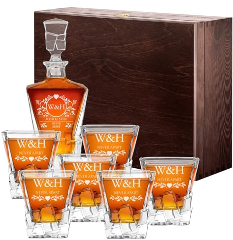 Maverton Personalised Whiskey Decanter and 6 Glasses for Couples, Heart | Elegant Whisky Set with Engraving, Ice Cubes Model, Stylish barware for Wedding, for Whisky connoisseurs