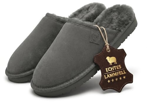 Rohn Moden Lammfell Hausschuhe Herren – Loisl – Warme Hausschuhe Herren mit Schaffell & rutschfester EVA-Sohle – Winter Pantoffeln für zuhause – Slipper gefüttert - Braun Grau
