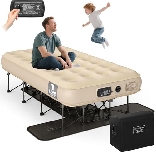 Simpli Comfy EZ Bed Självuppblåsande luftmadrass med integrerad ram, pump och hjulskydd, uppblåsbar luftsäng perfekt för hem, gäst, resor, semester, camping