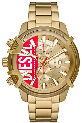 Diesel Herrenuhr Griffed, Chronographenwerk, 48mm goldenes Edelstahlgehäuse mit Edelstahlarmband, DZ4595