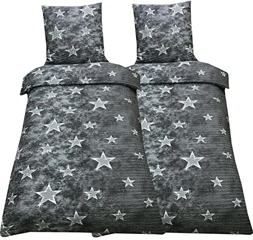 Leonado Vicenti 4 TLG Bettwäsche Seersucker Sterne Grau 135x200 cm Schlafzimmer Set Bezug Kissen Decke