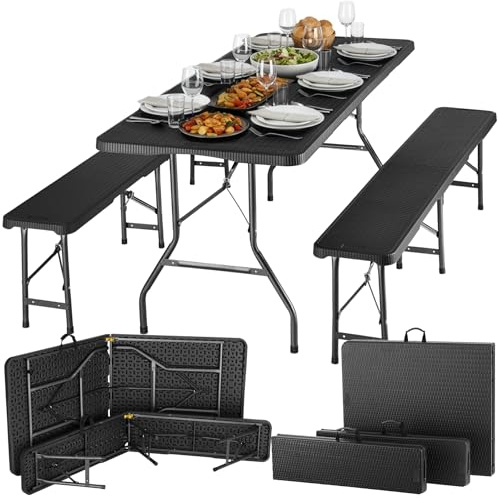 tectake® Ensemble Table de Camping et 2 Bancs, Résistant aux intempéries, Pliable, Table extérieure 180x74x72 cm Bancs 180x25x43 cm, Mobilier de Camping 8 pers, Jardin Pique-Nique - Noir Aspect Rotin