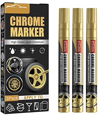 Felico Mirror Chrome Marker, 3Pcs Liquid Chrome Paint Pen, Permanent Art for Model Metal Plastic Glass Repair Car Tire DIY Craft, Reflective Gloss Metallic Gold