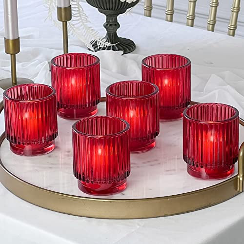 Kate Aspen Portavelas votivas y portavelas de Cristal Rojo Acanalado Vintage (Juego de 6), decoración de otoño, decoración Bohemia, decoración de Estante (27206RD)