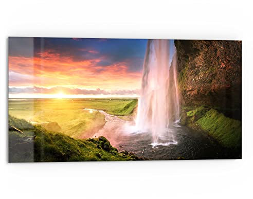 DEQORI Panel posterior de cocina de cristal, diseño Seljalandsfoss cascada, 80 x 40 cm, pared trasera para baño o cocina, protección contra salpicaduras para cocina y baño, decoración moderna para
