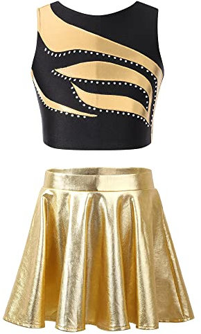 winying Kinder Mädchen Zweiteilige Tanz-Outfit Pailletten Crop Top und Metallic Tanzrock Salsa Ballsaal Performance Tanzkleidung Gold 158-164