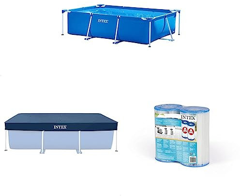 Intex Metal Frame Rectangular Swimming Pool Set with Weather Cover and Filter Cartridge - 3x2m Frame, Blue