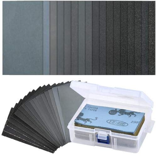 BATINO 102 Sheets Wet and Dry Sandpaper, 60 to 3000 Grit Sandpaper Assortment, 3 x 5.5 Inch Abrasive Paper Sheet with Free Box, for Automotive Sanding Wood Furniture Finishing