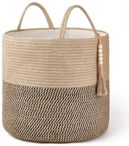 Mkono Woven Storage Basket Decorative Rope Basket Wooden Bead Decoration for Blankets,Toys,Clothes,Shoes,Plant Organizer Bin with Handles Living Room Home Decor, Yellow and Black, 16 W × 13.8