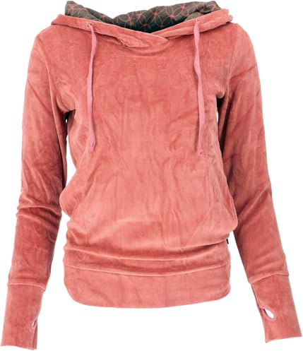 GURU SHOP Nicki-Kapuzenpullover, Weicher Hoodie, Boho Samt Sweatshirt - Apricot, Damen, Size:M