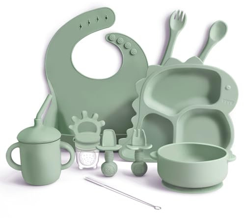 Juego de Vajilla de Silicona para Bebés, 10 Piezas, Libre de BPA, Antideslizante con Ventosa, Vaso Aprendizaje Bebe (verde)