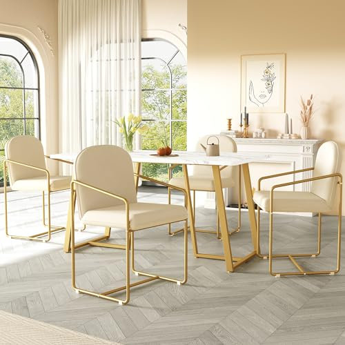 KUAKE Essgruppe, Esstisch mit 4 Esszimmerstühlen (140×80cm), Moderne Küche Esstisch-Set, Patchwork Tischplatte, weiße Samt Esszimmerstühle (B)