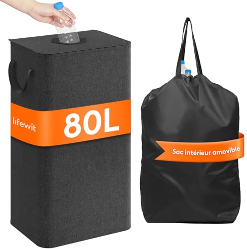 Lifewit Collecteur de Bouteilles avec Couvercle, Poubelle Tri Selectif pour Plastique, Bouteilles Verre, Poubelle Exterieur de Recyclage avec Trou, Poubelle Cuisine Rangement, 80 L, Gris Foncé