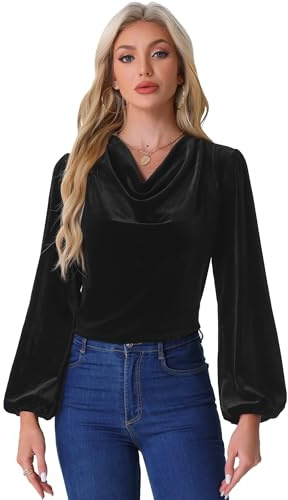 Allegra K Camicetta Casual da Donna Top in Velluto con Maniche a Lanterna Bluse con Collo Ad Anello Nero XS