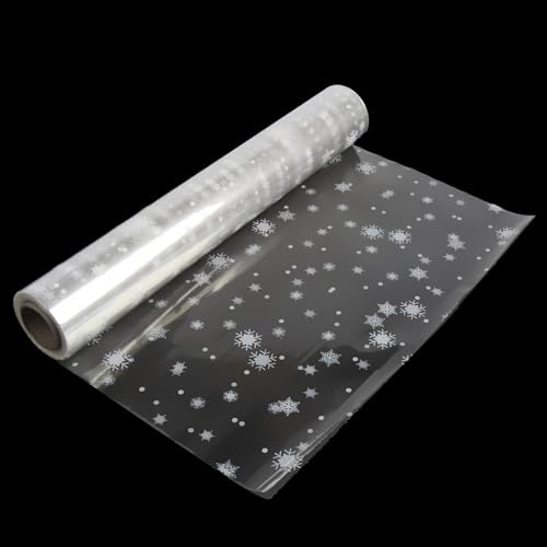 SULOLI Carta Trasparente per Confezioni,80 cm x 30 m Cellophane Trasparenti,Rotolo Carta Regalo Fiocchi di Neve per Cesti,Imballaggio di Natale